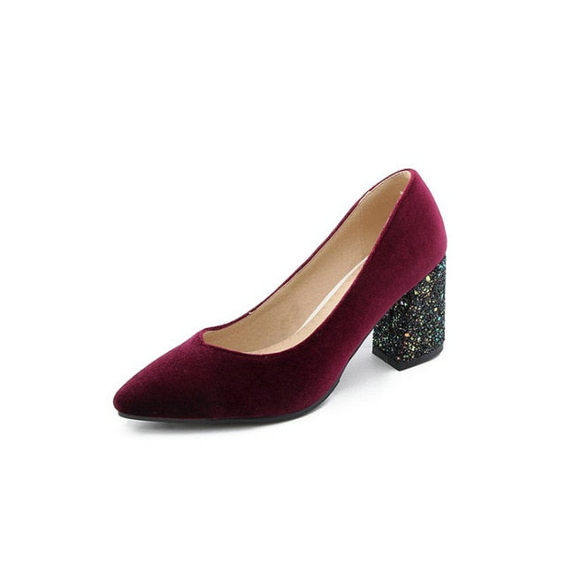 Blockabsatz Pumps Samtbezug und Glitter - Bobsel